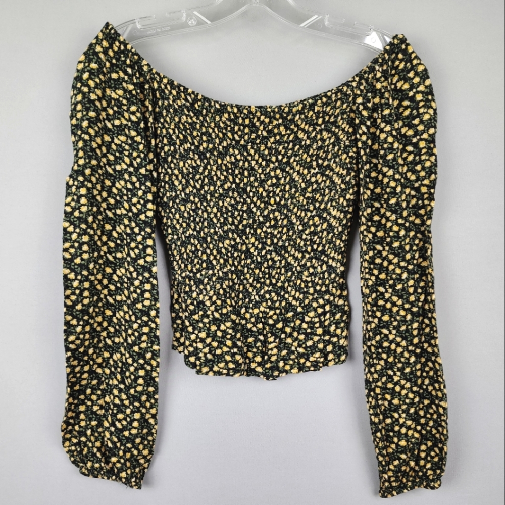 Hollister Black Crop Shirt Square Neck Yellow Flowers Sz Small